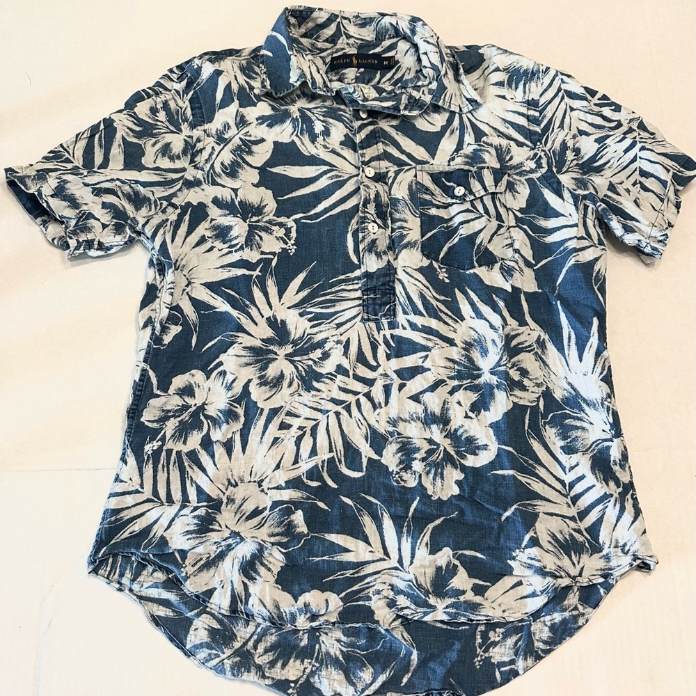 Vintage Ralph Lauren Linen Blue and White Camp Beach Shirt